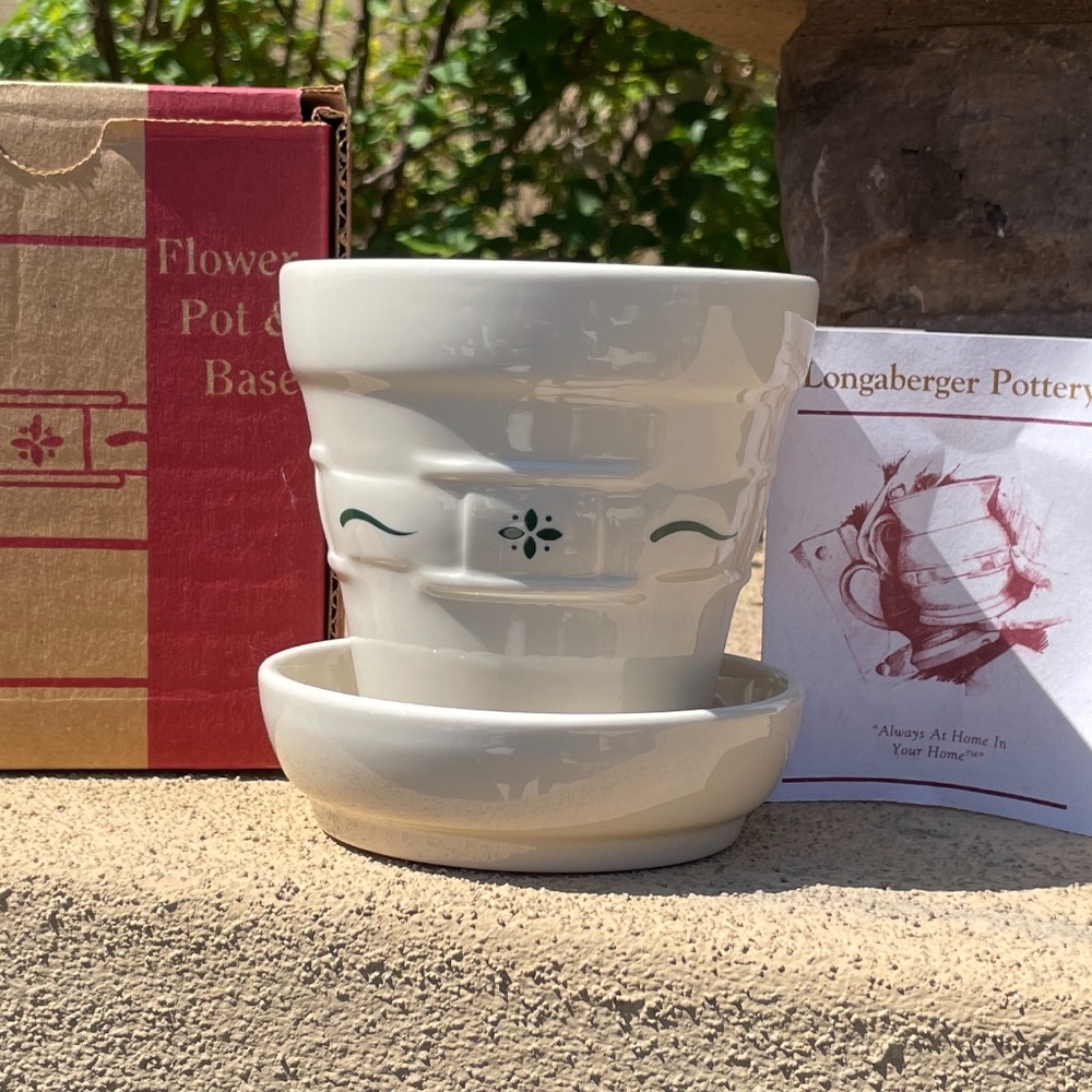 Longaberger Pottery Flower Pot Green Trim